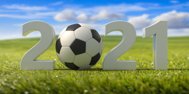 Soccer, football 2021. New year, green grass field, blue sky background. 3d illustration
